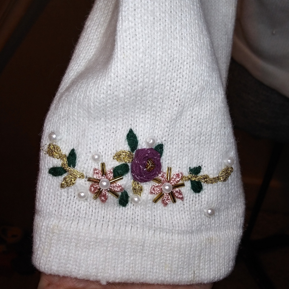 Vintage Pearl/Ribbon Trimmed Cottagecore Style "Ugly" Christmas Stocking Sweater - Picture 6 of 14